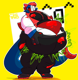 ^q^ anthro big_stomach big_tail big_teeth black_sclera blood blue_body blue_scales bodily_fluids clothing hat headgear headwear implied_cannibalism male multicolored_body overweight red_body red_clothing red_hat red_headwear red_scales rumbling_stomach saturated_colors scales simple_background solo tail two_tone_body yellow_background ymkoderg butcher_vanity petey_(eaarachnee) aquatic fish absurd_res hi_res
