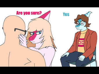 5_fingers anthro bald being_watched black_border blonde_hair blue_body blue_eyes blue_scales bone_frill border bottomwear brown_hair cheating_girlfriend clothing cuck_chair cuckold denim denim_bottomwear denim_clothing dialogue eyewear female female_on_human fingers frill_(anatomy) glasses group hair human_on_anthro imminent_sex interspecies jacket jeans light-skinned_male light_body light_skin long_hair long_tail looking_at_another magenta_body magenta_scales male male/female male_on_anthro medium_hair multicolored_body multicolored_scales nude nude_anthro nude_female orange_clothing orange_jacket orange_topwear pants purple_eyes round_glasses scales simple_background snout sunglasses tail text topwear trio two_tone_body two_tone_scales white_background white_body white_scales vexcorp cavemanon_studios i_wani_hug_that_gator benjamin_mcknight inco_(iwhtg) mia_moretti dinosaur hadrosaurid human mammal ornithischian ornithopod parasaurolophus prehistoric_species reptile scalie 2026 4:3 digital_drawing_(artwork) digital_media_(artwork) english_text hi_res meme
