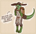 anthro apron barrel book clothed clothing depre fully_clothed green_body hat headgear headwear hi_res horn kobold male nervous scalie solo tailbags