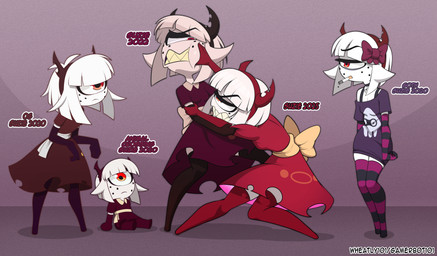 1_eye accessory alternate_timeline alternative_fashion angry arm_grab armwear black_hairband breasts chibi choker cigarette cigarette_in_mouth cleavage clothed clothing clothing_grab dress elbow_gloves fake_horns female fight freckled_face freckles frown gloves goth group hair hair_accessory hair_ribbon hairband hand_on_cheek handwear horned_hairband jewelry legwear necklace not_furry object_in_mouth off_shoulder pattern_armwear pattern_clothing pattern_elbow_gloves pattern_gloves pattern_handwear pattern_legwear pattern_stockings purple_armwear purple_clothing purple_dress purple_elbow_gloves purple_gloves purple_handwear purple_legwear purple_shirt purple_stockings purple_topwear red_clothing red_dress red_hairband red_legwear red_stockings ribbons sharp_teeth shirt sitting skull_choker square_crossover stockings striped_armwear striped_clothing striped_elbow_gloves striped_gloves striped_handwear striped_legwear striped_stockings stripes teeth text topwear waist_bow white_hair barryfactory suzie_(barryfactory) blooper cyclops humanoid 2025 absurd_res english_text hi_res