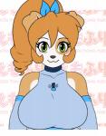 anthro big_breasts blush breasts brown_body brown_fur clothed clothing dress female fur green_eyes hair huge_breasts long_hair multicolored_body multicolored_fur orange_hair smile solo two_tone_body two_tone_fur white_body white_fur skidd emofuri uberquest kibbles_(uberquest) canid canine canis domestic_dog mammal 2d_animation animated motion_tweening short_playtime