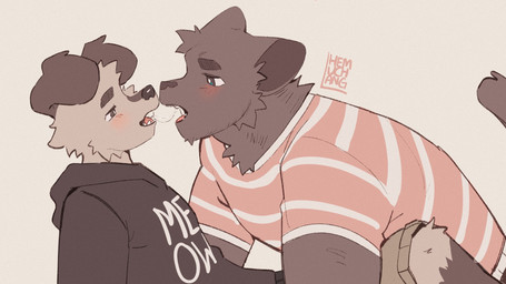 anthro black_body black_clothing black_eyes black_fur black_hoodie black_topwear blush bodily_fluids clothing duo floppy_ears fur hoodie male muscular muscular_anthro muscular_male red_clothing red_shirt red_topwear saliva saliva_string shirt simple_background slim_anthro slim_male topwear white_background white_body white_fur hemuchang pots_(hemuchang) shin_(hemuchang) canid canine canis domestic_dog felid mammal pantherine 16:9 2022 hi_res widescreen