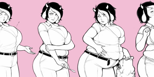 annoyed belly belly_overhang big_belly big_breasts big_butt bloated bottomwear breasts burping butt button_(fastener) button_pop cleavage cleavage_overflow clothed clothing cow_ears deep_navel double_chin fat_arms feederism female hair hand_on_belly horn huge_belly huge_breasts huge_butt huge_thighs ill-fitting_clothing love_handles markings midriff multicolored_hair navel obese obese_female overweight overweight_female pants pink_background shirt simple_background slightly_chubby slightly_chubby_female smile solo spots spotted_body stuffing thick_thighs tight_bottomwear tight_clothing tight_pants topwear torn_clothing torn_shirt torn_topwear two_tone_hair wardrobe_malfunction weight_gain wide_hips pewbutt animal_humanoid bovid bovid_humanoid bovine bovine_humanoid cattle_humanoid humanoid mammal mammal_humanoid hi_res long_image sequence wide_image widescreen