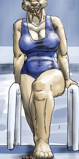 anthro black_body black_fur blue_clothing blue_swimwear claws clothing female fur group head_first lifeguard macro male male/female micro micro_abuse one-piece_swimsuit oral_vore orange_body orange_fur partially_inside stepped_on swimming_pool swimwear tail tan_body tan_fur trio underfoot vore jeri_kleinlowe canid canine felid fox lion mammal mouse murid murine pantherine rodent 2012 colored hi_res
