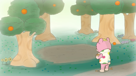 anthro bent_arm blonde_hair bottomless bottomless_anthro bottomless_male clothed clothed_anthro clothed_male clothing dirt flower fog food forest fruit fruit_tree fur grass hair holding_food holding_fruit holding_object holding_orange light male male_anthro multicolored_body multicolored_fur orange_(fruit) outside pink_body pink_fur pink_tail plant polka_dot_clothing purple_flower red_flower shirt short_hair shrub solo standing tail tank_top topwear tree two_tone_body two_tone_fur white_clothing white_shirt white_tank_top white_topwear yellow_flower cookieboy011 animal_crossing nintendo vladimir_(animal_crossing) bear mammal 16:9 2021 colored digital_drawing_(artwork) digital_media_(artwork) english_description hi_res lighting shaded story story_in_description widescreen