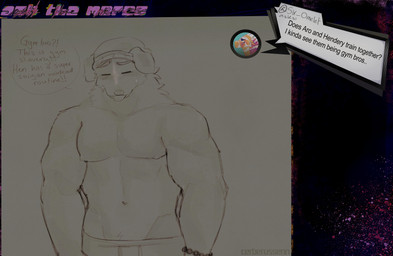 after_exercise anthro ask_blog beanie big_muscles bodily_fluids bottomwear bracelet clothed clothing exhausted facial_markings floppy_ears freckles hat head_markings headgear headwear huge_muscles jewelry male male_anthro markings muscular muscular_anthro muscular_male nipples pants solo sweat sweatpants sweaty_body text tongue tongue_out topless topless_anthro topless_male cerberussenn aro_selen_(cerberussenn) bird_dog canid canine canis domestic_dog golden_retriever hunting_dog mammal mixed_breed pit_bull retriever absurd_res english_text hi_res signature sketch