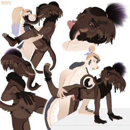 2_toes 5_fingers accessory all_fours anthro anus areola big_ears black_body black_fur black_hair blonde_hair blush bodily_fluids braided_ears braided_fur braided_hair breasts broken_tusk brown_body brown_fur brown_tusk butt claws dripping dripping_vulva duo ear_piercing ear_ring elise_(rhaelrhaelrasputin) erection eye_contact eyebrow_piercing eyebrow_slit eyebrows eyelashes eyeshadow facial_piercing feet female female_penetrated fingers first_person_view floppy_ears fluffy fluffy_chest fluffy_ears fluffy_shoulders fluffy_tail from_behind_position fur genital_fluids genital_piercing genitals gold_piercing gradient_eyes gradient_eyeshadow gradient_limbs grey_claws hair hair_accessory hair_bun hair_tie highlights_(coloring) holding_partner holding_partner's_back holding_partner's_leg horn horn_jewelry horn_ring humanoid_genitalia humanoid_penis jewelry long_hair looking_at_another looking_at_viewer makeup male male/female male_penetrating male_penetrating_female markings messy_hair multicolored_body multicolored_fur multicolored_hair narrowed_eyes neck_tuft nipple_piercing nipples nude on_one_leg open_mouth oral orange_eyes penetration penis piercing pink_nose pink_penis plantigrade ponytail precum precum_drip presenting presenting_anus presenting_hindquarters presenting_vulva proboscis_(anatomy) purple_anus purple_body purple_eyes purple_hair purple_nipples purple_penis purple_tongue raised_leg rear_view ring_(jewelry) ring_piercing romantic romantic_couple scale_markings scales scaly_tail scutes sex side_view simple_background slim_tail small_breasts smile spread_butt spread_legs spreading standing standing_sex stripes tail tan_body thick_tail tied_hair toes tongue trunk_(anatomy) trunk_play trunk_sex tuft tusks vaginal_fluids vulva vulva_piercing white_body white_eyelashes white_sclera white_scutes yellow_sclera rhaelrhaelrasputin rhael_(rhaelrhaelrasputin) elephantid mammal mammoth pangolin prehistoric_species proboscidean woolly_mammoth 1:1 absurd_res hi_res