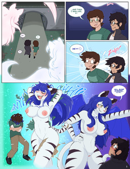 anthro big_breasts blue_hair blush breasts clothing dialogue duo eyewear female gender_transformation genitals glasses hair hand_on_hip human_to_anthro long_hair male male/female membrane_(anatomy) membranous_wings mtf_transformation nipples nude open_mouth pink_nipples possession smile species_transformation speech_bubble striped_body stripes surprised tail text torn_clothing transformation transformation_sequence vulva wings jintally deiser sedire_(deiser) demon felid human mammal spirit absurd_res comic english_text hi_res