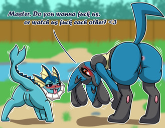 anthro anus ass_up bent_over blush butt dialogue duo female female_anthro female_feral feral genitals heart_symbol pawpads pink_vulva presenting presenting_hindquarters profanity raised_tail shaking_butt tail take_your_pick taunting text tongue tongue_out vulva weirdkoaladream nintendo pokemon eeveelution generation_1_pokemon generation_4_pokemon lucario pokemon_(species) vaporeon english_text hi_res