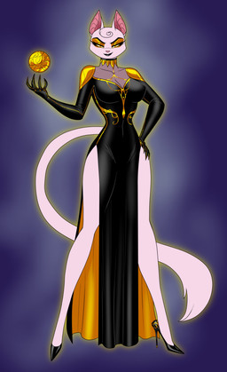 anthro black_clothing black_dress black_lipstick clothing curly_hair dress female footwear gold_eyeshadow hair hand_on_hip high_heels levitating_object lipstick long_legs looking_at_viewer makeup shoes shoulder_pads side_slit side_slit_dress simple_background slit_dress smile solo sphere tail yellow_eyes crovirus felid feline mammal 2023 absurd_res hi_res