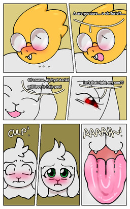 anthro blush close-up clothed clothing dialogue dominant dominant_gynomorph dominant_intersex eyes_closed eyewear face_closeup femboy glasses green_eyes group gynomorph herm intersex intersex/male male mouth_shot nervous nude open_mouth red_eyes shirt smile speech_bubble submissive submissive_male text threatening threatening_words tongue tongue_out topwear trio worried draneko132 deltarune undertale undertale_(series) alphys asriel_dreemurr toriel bovid caprine goat lizard mammal reptile scalie 5:8 comic english_text