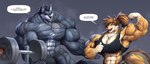 anthro big_breasts big_muscles black_sclera bodily_fluids breasts brown_hair duo exercise exercise_clothing exercise_equipment female flexing fur grey_body grey_fur hair huge_breasts huge_muscles hyper hyper_muscles male muscular spotting sweat agonwolfe canid canine canis mammal wolf hi_res