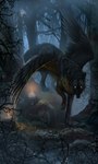 2022 absurd_res ambiguous_gender black_body black_feathers canid canine canis day detailed_background digital_media_(artwork) feathered_wings feathers feral forest grass hi_res hybrid mammal night outside plant solo tree wings wolf wolfroad