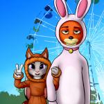 amusement_park amusement_ride anthro buckteeth bunny_costume clothing costume countershading duo female ferris_wheel flat_chested fox_costume fur furry_wearing_fursuit fursuit gesture green_eyes grey_body grey_fur hand_gesture humor long_ears male orange_body orange_fur predator/prey purple_eyes rabbit_fursuit size_difference teeth v_sign wasajoke disney zootopia judy_hopps nick_wilde canid canine fox lagomorph leporid mammal rabbit red_fox true_fox 1:1 hi_res