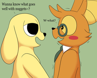 accessory anthro black_eyes black_nose blush blush_stickers dialogue duo emanata eye_contact eyewear fur glasses green_background green_eyewear green_glasses green_necktie hair interspecies looking_at_another love male male/male necktie orange_body orange_ears orange_fur orange_hair orange_sclera question question_mark romantic romantic_couple shaking shirt_collar side_view simple_background standing text tilde_after_text trembling yellow_body yellow_ears yellow_fur colossalstars chikn_nuggit chikn_nuggit_(chikn_nuggit) onyn_ring_(chikn_nuggit) bat canid canine canis domestic_dog eastern_red_bat mammal 2025 5:4 digital_media_(artwork) english_text hi_res