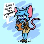 1:1 2023 4_fingers anthro artist_name biped black_text blue_background blue_body blue_eyes blue_freckles blue_fur blue_hair blue_tuft bottomwear buckteeth cheek_tuft clipboard clothed clothed_anthro clothed_female clothing colored dialogue digital_drawing_(artwork) digital_media_(artwork) english_text facial_tuft female fingers freckles fur hair hi_res holding_clipboard holding_object mammal mia_mouse mouse murid murine narrowed_eyes no_pupils reading rodent signature simple_background solo squint tail teeth text the_cow_(artist) topwear tuft white_speech_bubble