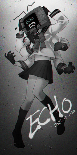 5_fingers 6_arms antennae_(anatomy) biped bodily_fluids bottomwear clothing creepy drooling electronics fangs female fingers fist footwear for_a_head front_view gloves handwear holding_head humanoid_hands korean legwear midriff multi_arm multi_limb not_furry open_mouth plantigrade ribbons saliva school_uniform screen screen_face simple_background skirt slime socks solo static teeth television text uniform palatine echo_(crusher-p) vocaloid humanoid object_head screen_head tv_head 2018 digital_drawing_(artwork) digital_media_(artwork) english_text full-length_portrait greyscale hi_res monochrome portrait