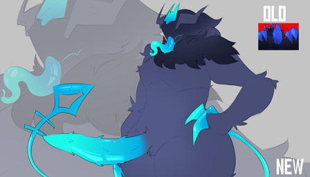 anthro blue_glow broad_shoulders characterdesign dark_body dark_fur fluffy fur genitals glowing glowing_genitalia glowing_penis glowing_tail horn horn_spikes long_tail male muscular muscular_anthro muscular_male penis rear_view redesign side_view simple_background solo spikes spikes_(anatomy) tail syfos69 forsaken_(roblox) roblox fan_character guest_666 guest_666_(forsaken) 7:4 absurd_res hi_res