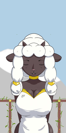accessory anthro anthrofied big_breasts black_body breasts clothed clothing detailed_background female freckled_breasts freckled_face freckles fur hair horn looking_at_viewer mature_anthro mature_female open_mouth outside pokemorph simple_background solo thick_thighs white_body white_fur wool_(fur) anuvisur_(artist) nintendo pokemon bovid caprine generation_8_pokemon mammal pokemon_(species) sheep wooloo 2019 absurd_res digital_media_(artwork) hi_res