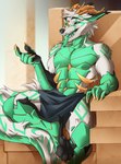 abs anthro claws forked_tongue inviting male muscular muscular_male open_mouth pawpads pecs sharp_teeth sitting solo teeth toe_claws tongue kaerufrog canid canine hybrid mammal hi_res