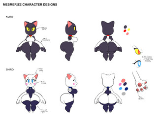 anthro arms_at_sides armwear bell bell_collar big_breasts big_butt black_body black_eyes black_fur blush blush_stickers breasts bridal_gauntlets butt clothing collar color_swatch directional_arrow female front_view fur glowing glowing_eyes huge_butt huge_hips huge_thighs legwear leotard pawpads rear_view red_eyes side_view text thick_thighs thigh_highs wide_hips yellow_sclera tansau kuro_(tansau) shiro_(tansau) felid feline felis mammal english_text hi_res model_sheet