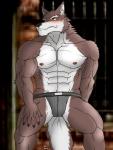 2013 abs anthro athletic biceps big_muscles biped black_nose blurred_background blush brown_body brown_fur bulge canid canine canis claws clothed clothing front_view fur hentist hideo_katashi jockstrap looking_away male mammal muscular muscular_anthro muscular_male nipples pecs pose skimpy solo standing topless underwear vein white_body white_fur wolf yellow_eyes