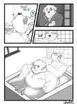 anthro bathing belly blush clothing convenient_censorship duo humanoid_hands male male/male moobs nipples overweight overweight_male question_mark shirt sitting smoking topwear water deadanthro lifewonders tokyo_afterschool_summoners cu_sith_(tas) leib_(tas) bear canid canine canis domestic_dog mammal polar_bear ursine 2020 censored comic hi_res