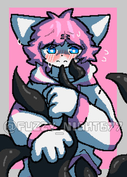 accessory ambiguous_gender anthro blue_eyes blush blush_lines bodily_fluids clothing hair hair_accessory hairclip holding_tentacle hoodie pink_hair shirt sweat sweatdrop tentacles tentacles_around_body tentacles_under_clothing topwear fuzzy_night677 dazed_(video_game) xi_(dazed) canid canine canis mammal wolf distracting_watermark hi_res watermark