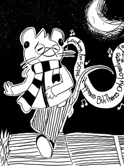 anthro biped bottomwear clothing electronics eyes_closed eyewear glasses goggles headphones listening_to_music moon musical_note musical_symbol night outside pants safety_goggles scarf solo standing star symbol tail text walking kanpukugu mammal mouse murid murine rodent 2025 3:4 english_text hi_res monochrome