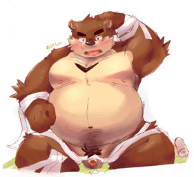 anthro balls blush brown_body brown_fur flaccid foreskin fur genitals humanoid_genitalia humanoid_penis male moobs navel nipples overweight overweight_anthro overweight_male penis pubes solo bhtoss bear mammal 2015