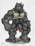 abs anthro balls barefoot blue_eyes bodily_fluids clothed clothing dripping facial_horn feet foreskin genital_fluids genitals glans grey_body grey_skin horn humanoid_genitalia humanoid_penis looking_at_viewer male muscle_shirt muscular muscular_anthro muscular_male nose_horn pantsless pecs penis pink_glans precum precum_drip pubes solo vein veiny_muscles veiny_penis gh-mongo invertedreality bruno_rhynox mammal rhinoceros colored_sketch graphite_(artwork) sketch traditional_media_(artwork)