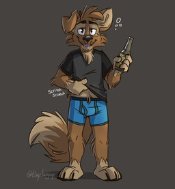 anthro barefoot beer_bottle black_clothing black_shirt black_topwear blue_boxer_briefs blue_clothing blue_underwear bottle boxer_briefs clothing container drunk feet looking_at_viewer male open_mouth shirt solo sound_effects substance_intoxication t-shirt teeth_showing text tongue_showing topwear underwear tinydeerguy matt_riskely canid canine canis domestic_dog mammal english_text hi_res