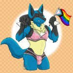 anthro biped blue_body blue_fur blush bottomwear bra bulge clothed clothing colored_edge_bra colored_edge_underwear detailed_bulge eyes_closed femboy flag flag_(object) fur gesture hand_gesture holding_flag holding_object horn lace lace_bra lace_panties lgbt_pride male male_anthro panties pink_bra pink_clothing pink_panties pink_underwear pride_color_flag pride_colors progress_pride_colors rainbow_flag rainbow_symbol simple_background smile solo spikes spikes_(anatomy) tail teeth topwear underwear underwear_only v_sign conditional_dnp electroporn nintendo pokemon canid canine generation_4_pokemon lucario mammal pokemon_(species) digital_media_(artwork) hi_res