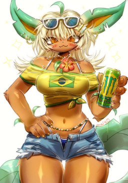 :3 anthro beverage beverage_can blonde_hair blush blush_lines bottomwear brazil brazilian_flag brown_eyes claws clothing ear_piercing energy_drink eyebrows eyelashes eyewear fangs female fur hair looking_at_viewer navel pawpads piercing shorts simple_background solo sparkles sunglasses tail tan_body tan_fur teeth thigh_gap white_background maimoonrabbit brazilian_miku monster_energy nintendo pokemon eeveelution generation_4_pokemon leafeon pokemon_(species) 2025 hi_res signature