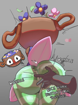 anthro big_butt blush brown_body butt butt_slap clothing duo female flower plant slap text punishedtooner blushcrunch_studio dandy's_world roblox bassie_(dandy's_world) toon_(dandy's_world) hi_res