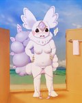 beach blush breasts clothing day embarrassed female genitals nipples nude pussy solo swimwear wardrobe_malfunction foogyakumo bandai_namco digimon gemmon 4:5 absurd_res hi_res