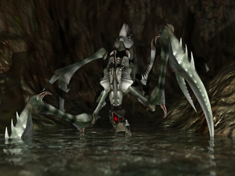 6_eyes all_fours ambiguous_gender cave claws drinking drinking_water feral grey_body inside multi_eye partially_submerged quadruped red_eyes segmented_body solo spikes water deino_(artist) mythology arthropod crab crustacean decapod dragon hybrid malacostracan mythological_creature mythological_scalie scalie 2008 3d_(artwork) 4:3 autodesk_3ds_max_(artwork) digital_media_(artwork)