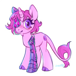 amputated_leg blush closed_smile cutie_mark cybernetics eyelashes female female_feral feral fur glistening glistening_eyes hair hooves horn looking_at_viewer machine mouth_closed pink_body pink_fur pink_hair pink_horn pink_tail purple_eyes purple_hooves side_view simple_background smile solo tail tail_tuft tuft white_background lostgoose hasbro my_little_pony mythology equid equine mammal mythological_creature mythological_equine unicorn 1:1 2024 dated hi_res signature