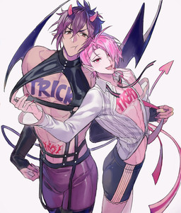 2_horns accessory alternative_fashion bangs body_writing bottomwear butt butt_pose canon_couple clothed clothing collared_shirt crop_top dress_shirt duo femboy garter garter_belt garter_straps gloves hair hair_over_eye handwear harness horn hotpants humanoid_pointy_ears j-fashion male membrane_(anatomy) membranous_wings nipples not_furry one_eye_obstructed open_clothing open_shirt open_topwear ouji_(fashion) pants pink_hair pointy_ears pose purple_hair ribbons shirt shorts spade_tail tail text topwear wings writing_on_chest d_n_bb1083 nu:_carnival aster_(nu:_carnival) morvay_(nu:_carnival) demon demon_humanoid horned_humanoid humanoid vampire colored english_text hi_res shaded