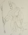 anthro belt blade cape claws clothing fluffy growling halberd hood horn male melee_weapon pawpads paws polearm robe snarling solo staff weapon sourmagic hybrid hyena mammal sketch