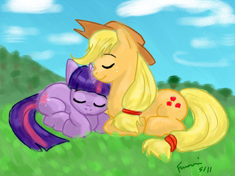 blonde_hair clothing cutie_mark detailed_background duo female feral fur hair hat headgear headwear horn long_hair multicolored_hair purple_body purple_fur purple_hair short_hair tail toony two_tone_hair funakounasoul friendship_is_magic hasbro my_little_pony mythology applejack_(mlp) twilight_sparkle_(mlp) earth_pony equid equine horse mammal mythological_creature mythological_equine pony unicorn 2011 4:3 source_request