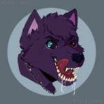 anthro black_sclera blue_eyes bodily_fluids chain_jewelry chain_necklace drooling fangs fur hair heterochromia inner_ear_fluff jewelry looking_at_viewer male necklace open_mouth purple_body purple_fur purple_hair red_eyes saliva simple_background smile solo teeth tongue tongue_out tuft mistystar canid canine canis mammal wolf 1:1 digital_media_(artwork) headshot_portrait hi_res portrait shaded