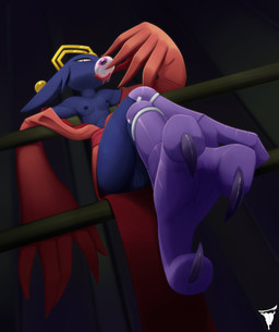 anthro areola avian_feet big_ears black_eyes blue_areola blue_body blue_fur blue_nipples bodily_fluids breasts clothing crossed_legs dress ear_piercing exposed_breasts eyeball eyelashes eyeshadow female floppy_ears front_view fur halo long_sleeves lop_ears makeup nipples piercing prosthetic prosthetic_leg prosthetic_limb pupils red_clothing red_dress red_eyeshadow saliva sitting slit_pupils small_breasts solo thick_thighs tongue tongue_out wide_hips bmbrigand nine_sols red_candle_games goumang_(nine_sols) felid feline mammal solarian hi_res