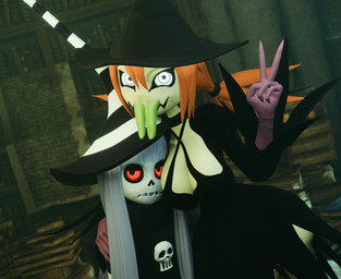 annoyed big_breasts black_clothing black_dress bone breast_envy breast_size_difference breasts cleavage clothed clothing doll dress duo face_in_breasts female female/female flat_chested forked_tongue gesture gloves green_body hair hand_gesture hand_on_shoulder handwear hat headgear headwear long_hair looking_at_viewer orange_hair pigtails red_eyes side_hug skeleton skull smug tongue tongue_out v_sign white_body white_eyes white_hair wide_hips witch_costume witch_hat lorded sumsnermin_(modeler) karaka_(merafume) kidunadoll animate_inanimate animated_skeleton humanoid living_doll undead 3d_(artwork) digital_media_(artwork) hi_res