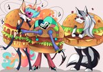 anthro burger burger_costume cheeseburger_costume clothing costume female food food_costume group male trio chizitx helluva_boss mythology fizzarolli_(helluva_boss) loona_(helluva_boss) queen_bee-lzebub_(helluva_boss) canid canid_demon canine demon fox hellhound imp mammal mythological_canine mythological_creature absurd_res hi_res