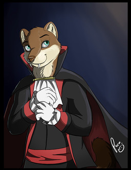 anthro big_fangs black_border black_cape black_clothing black_topwear blue_eyes border brown_body brown_fur brown_nose cape closed_smile clothed clothing fangs front_view fur glistening glistening_eyes gloves handwear logo male male_anthro mouth_closed red_cape red_clothing red_topwear simple_background smile solo standing tan_body tan_fur teeth topwear white_clothing white_topwear pandapaco mammal mustelid otter vampire artist_logo half-length_portrait portrait signature