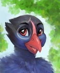 ambiguous_gender anthro beak black_eyebrows blue_body eyebrows red_beak red_eyes simple_background solo lora_mclaren avian bird 2021 hi_res