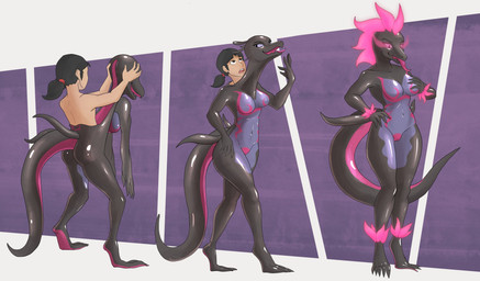 abstract_background ambiguous_gender anthro biped black_body breast_markings breasts butt countershade_feet countershade_tail countershade_torso countershading digitigrade duo featureless_breasts feet female female_anthro front_view gender_transformation genitals glistening glistening_body goo_suit hair hand_on_hip hand_on_own_breast hand_on_own_hip human_to_anthro long_tongue looking_down looking_down_at_self markings medium_breasts mtf_transformation navel non-mammal_breasts non-mammal_hair non-mammal_navel non-mammal_vulva nude pink_body pink_countershading pink_hair pink_markings pink_sclera pokemorph ponytail purple_body purple_countershading rear_view snout species_transformation standing suit_transformation tail takeover three-quarter_view three_frame_sequence tongue transformation transformation_sequence vulva dsaprox nintendo pokemon deiser tenebra_(deiser) generation_7_pokemon pokemon_(species) salazzle 2022 absurd_res colored hi_res sequence shaded male_(lore)