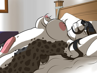 anthro bdsm bedroom big_breasts black_hair bondage bound breasts collar collar_only fluffy fluffy_chest freckles fur genitals hair intersex markings muzzle_(object) muzzled nipples nude penis restraints rope rope_bondage simple_background simple_coloring solo spots phantomx999 rachel_addison felid feline mammal pantherine snow_leopard digital_media_(artwork) hi_res shaded wallpaper widescreen