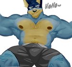 anthro belly body_hair bottomwear bulge chest_hair clothing daddy_kink dialogue himbofication male musclegut muscular pecs shorts solo toro_buull bluey_(series) bandit_heeler australian_cattle_dog canid canine canis cattledog domestic_dog herding_dog mammal pastoral_dog himbo hi_res